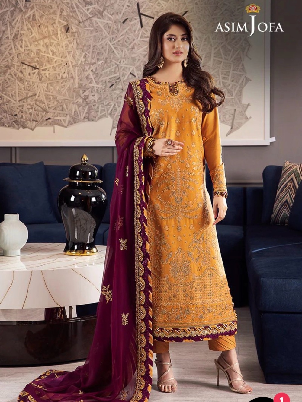 Asim Jofa Mustard Embroidered Midi Dress with Maroon Dupatta